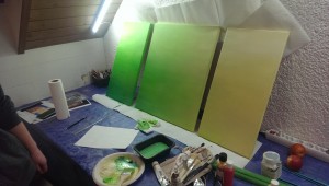 Grundierung eines Tryptichons Acryl 2016-01-13